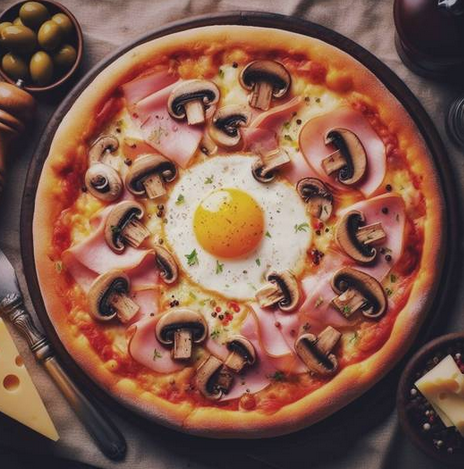 Pizza Sicilia mit Schinken, Champignons und Ei auf Tomaten-Mozzarella-Boden